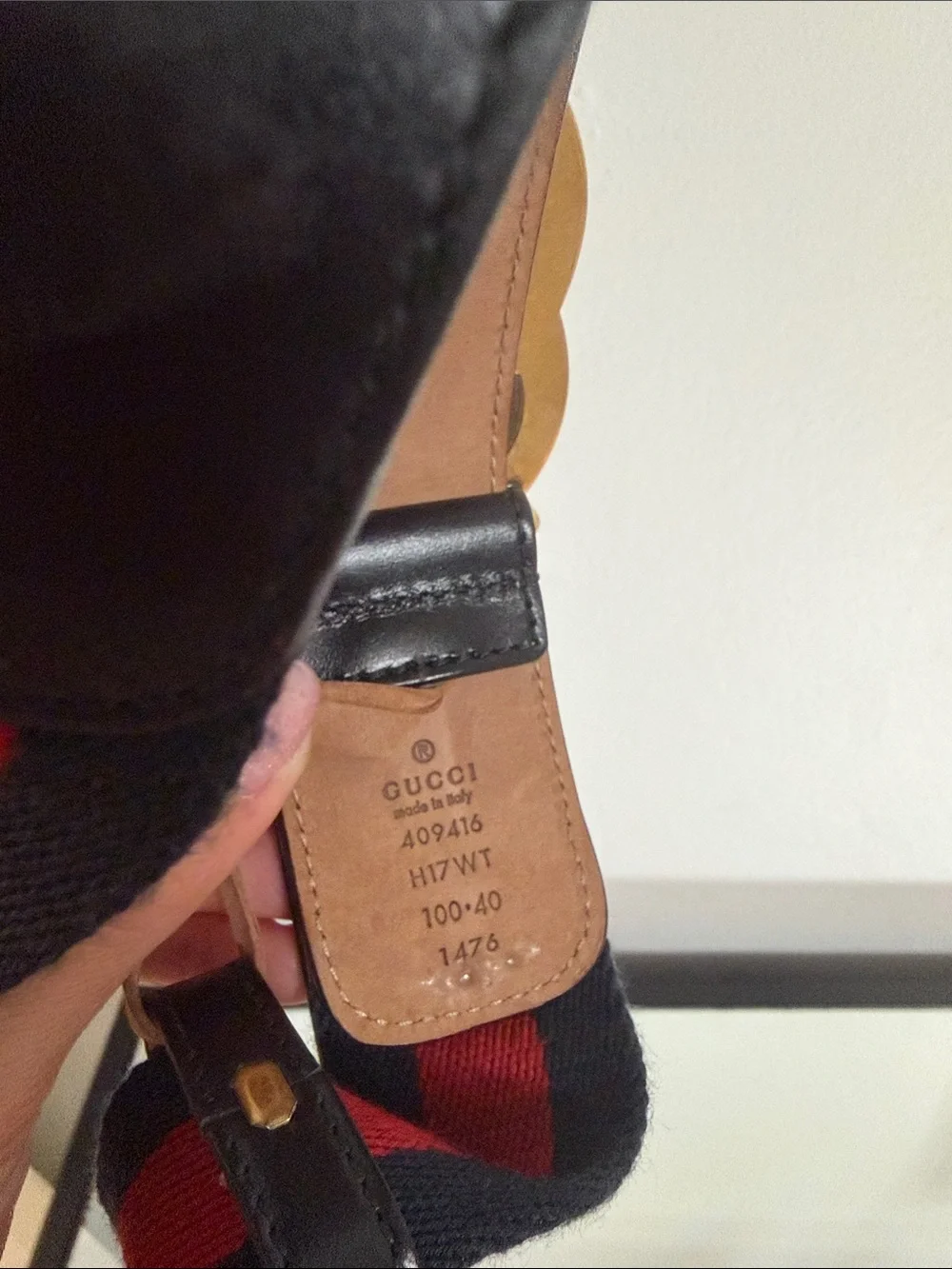 Gucci Black Leather & Navy Red Web Belt with Gold Double G Buckle